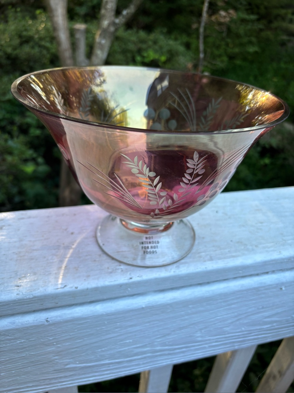 Lenox Etchings Cranberry Crystal Iridescent Rose Etched Floral Pedestal Bowl 9”